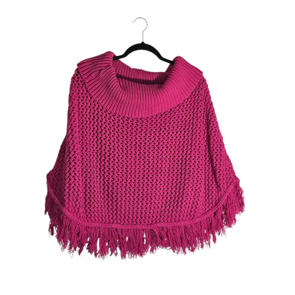 525 America Pink‎ Knit Poncho Cowl Neck Fringe Hem 100% Cotton One Size USA Made